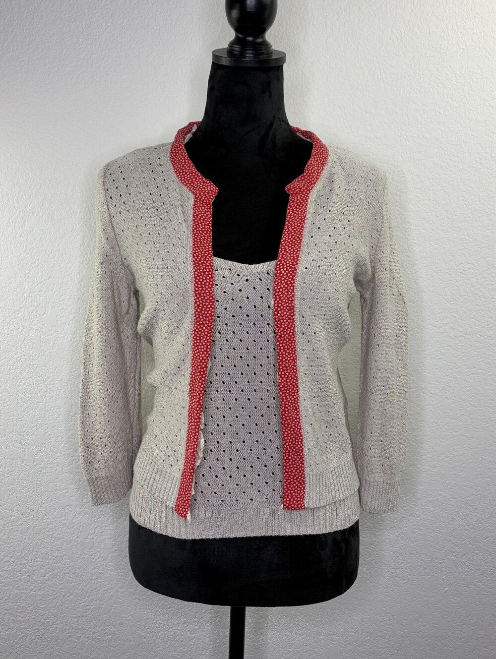 Vintage Valentino Linen Flax Blend Red Polka Dot Trim Cardigan Set Medium